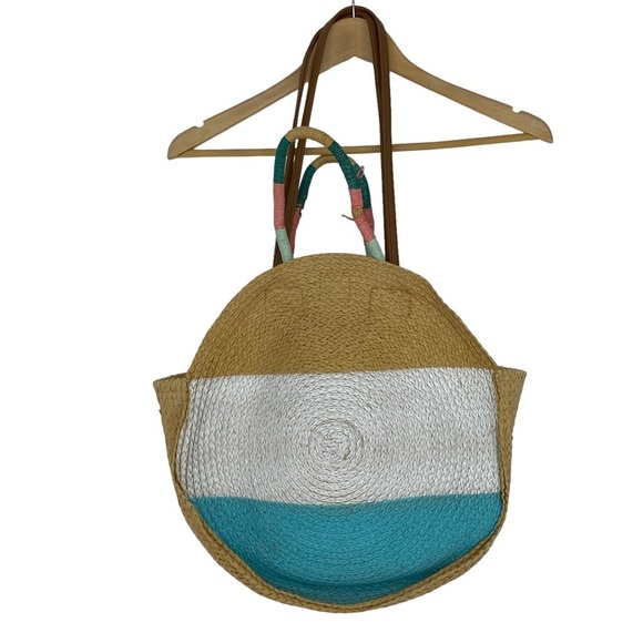 Circle straw rattan weaved bag beach tote white turquoise color striped handles - Picture 2 of 13